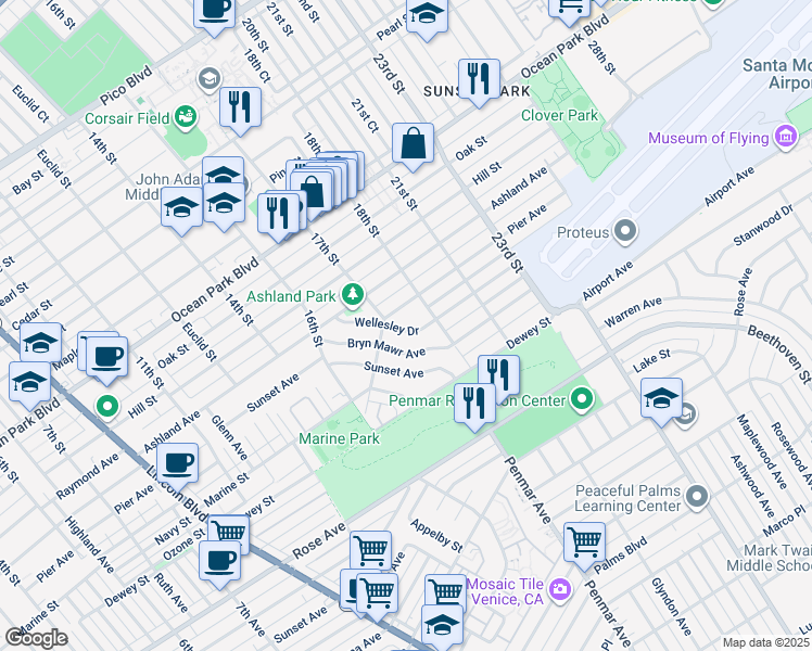map of restaurants, bars, coffee shops, grocery stores, and more near 1730 Pier Avenue in Santa Monica