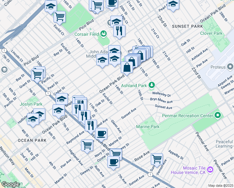map of restaurants, bars, coffee shops, grocery stores, and more near 1345 Oak Street in Santa Monica