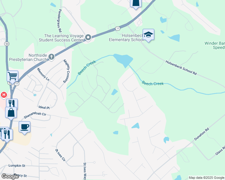 map of restaurants, bars, coffee shops, grocery stores, and more near 1824 Alberta Lane in Winder