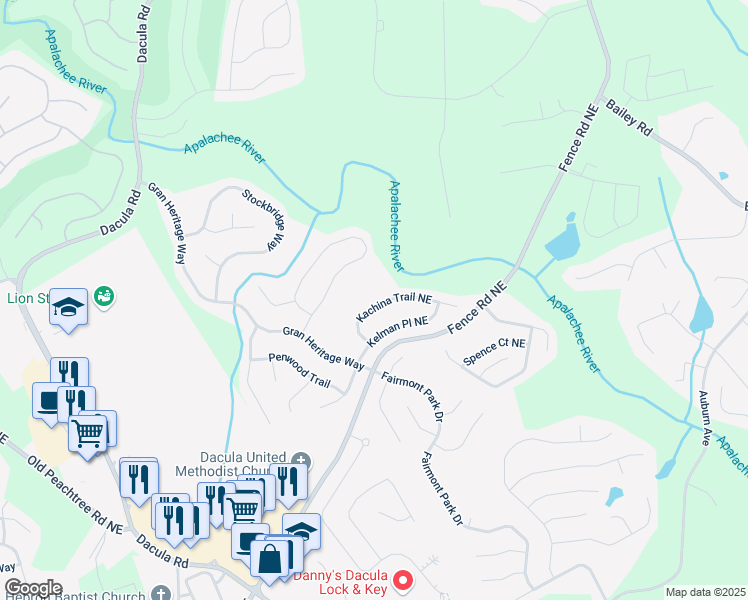 map of restaurants, bars, coffee shops, grocery stores, and more near 2536 Kachina Trail Northeast in Dacula