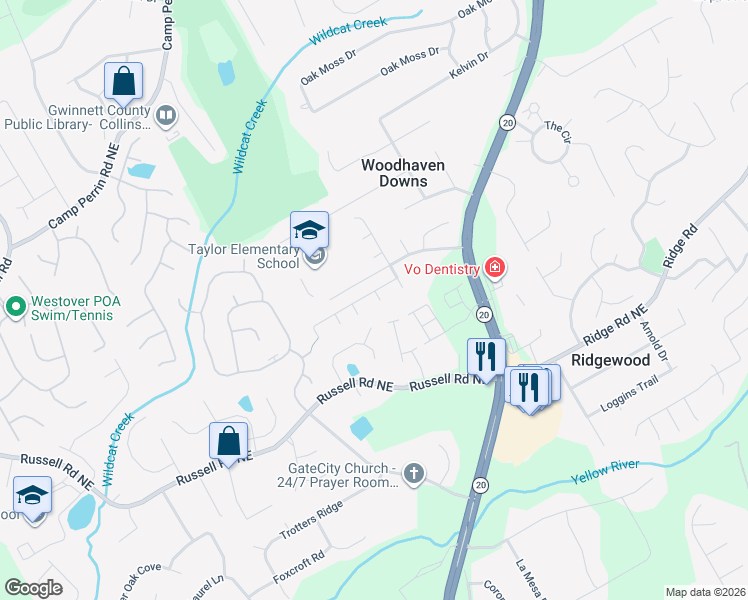 map of restaurants, bars, coffee shops, grocery stores, and more near 463 Leggett Oaks Lane in Lawrenceville