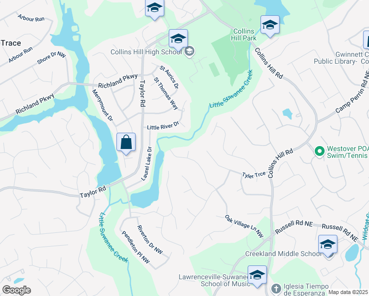 map of restaurants, bars, coffee shops, grocery stores, and more near 2101 Oak Village Lane Northwest in Lawrenceville