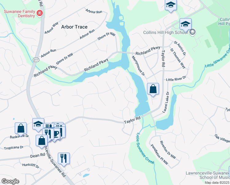map of restaurants, bars, coffee shops, grocery stores, and more near 2151 Hamstead Court in Suwanee