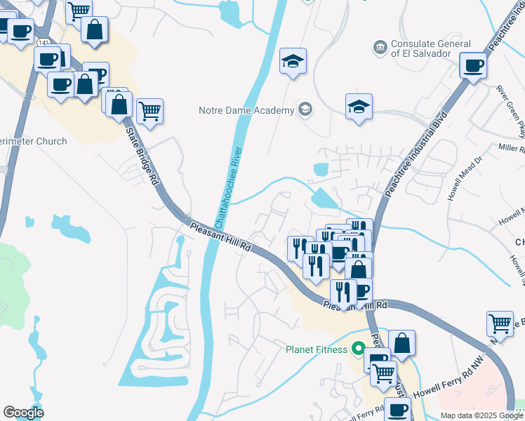 map of restaurants, bars, coffee shops, grocery stores, and more near 611 River Chase Trail in Duluth