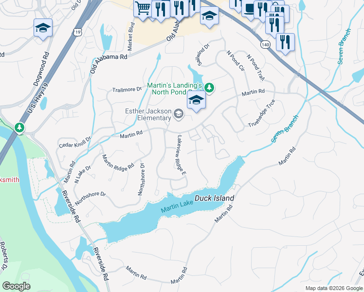 map of restaurants, bars, coffee shops, grocery stores, and more near 120 Lakeview Ridge East in Roswell
