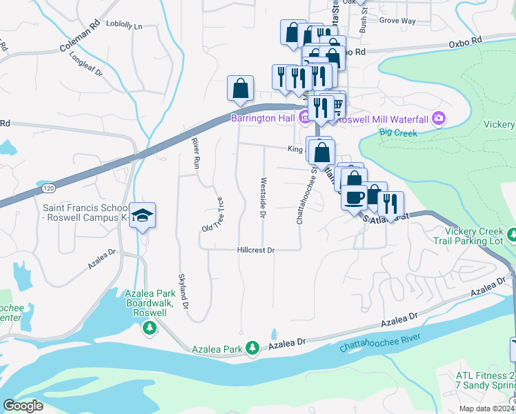 map of restaurants, bars, coffee shops, grocery stores, and more near 407 Westside Drive in Roswell