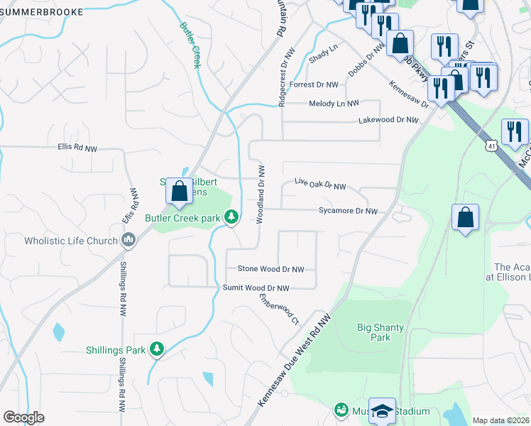 map of restaurants, bars, coffee shops, grocery stores, and more near 4015 Woodland Drive Northwest in Kennesaw