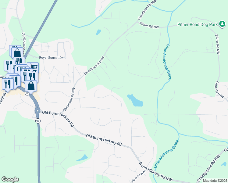 map of restaurants, bars, coffee shops, grocery stores, and more near 55 Wesley Path in Acworth