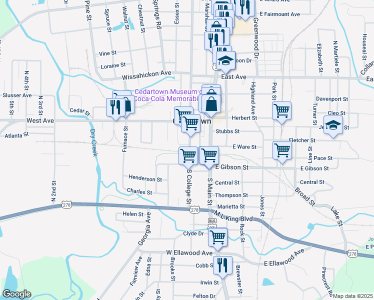 map of restaurants, bars, coffee shops, grocery stores, and more near South College Street in Cedartown