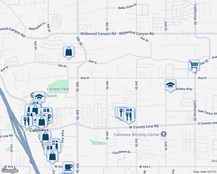 map of restaurants, bars, coffee shops, grocery stores, and more near 13457 4th Street in Yucaipa
