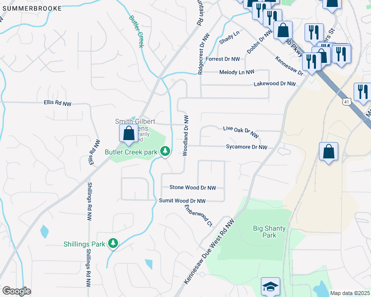map of restaurants, bars, coffee shops, grocery stores, and more near Woodland Drive Northwest in Kennesaw