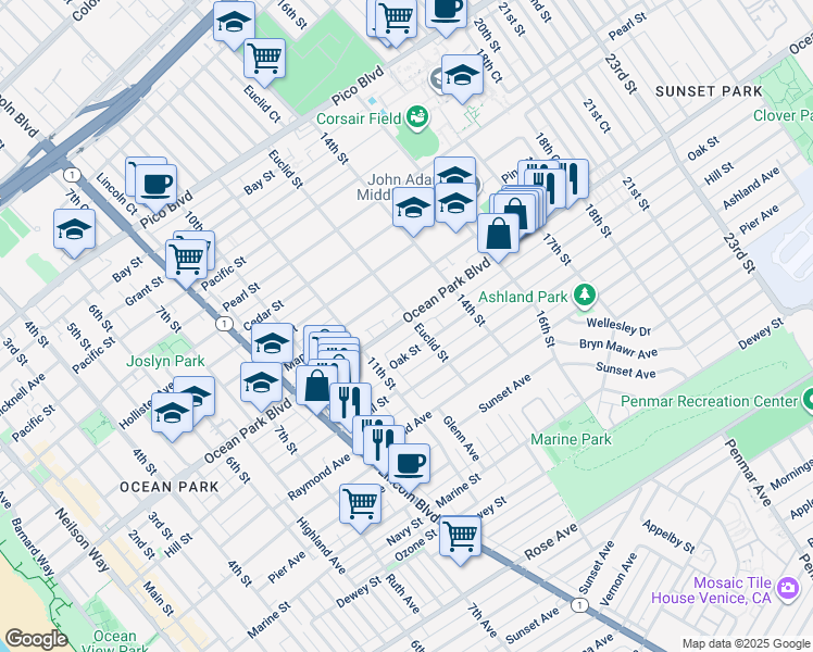 map of restaurants, bars, coffee shops, grocery stores, and more near 1302 Ocean Park Boulevard in Santa Monica