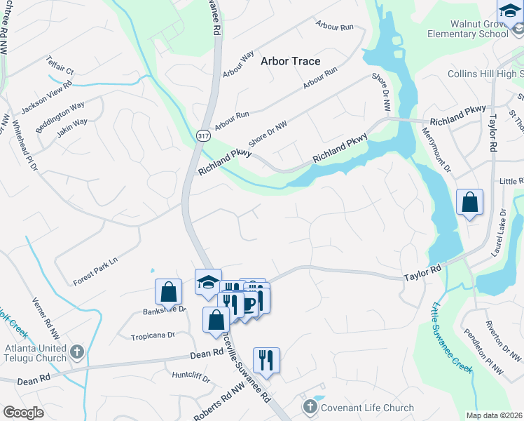 map of restaurants, bars, coffee shops, grocery stores, and more near 335 Lee Miller Court in Suwanee