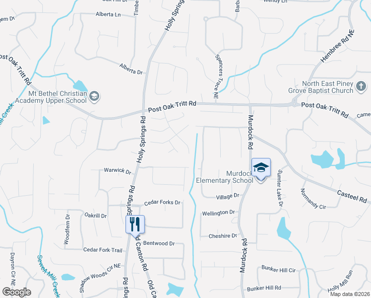 map of restaurants, bars, coffee shops, grocery stores, and more near 2382 Riderwood Court Northeast in Marietta