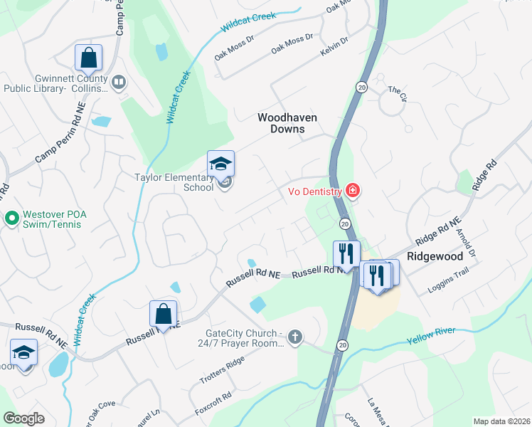 map of restaurants, bars, coffee shops, grocery stores, and more near 463 Leggett Oaks Lane in Lawrenceville