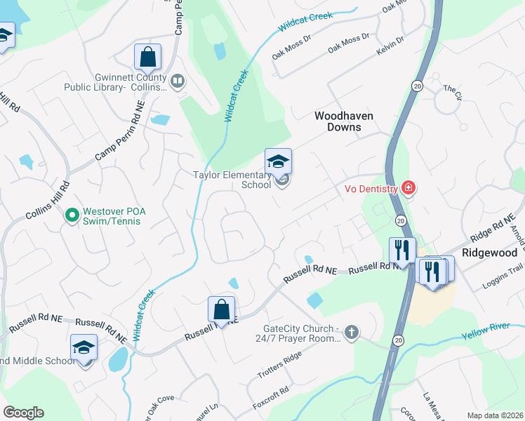 map of restaurants, bars, coffee shops, grocery stores, and more near 2370 Waters Ferry Drive Northeast in Lawrenceville