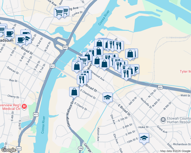 map of restaurants, bars, coffee shops, grocery stores, and more near 109 Elmwood Avenue in Gadsden