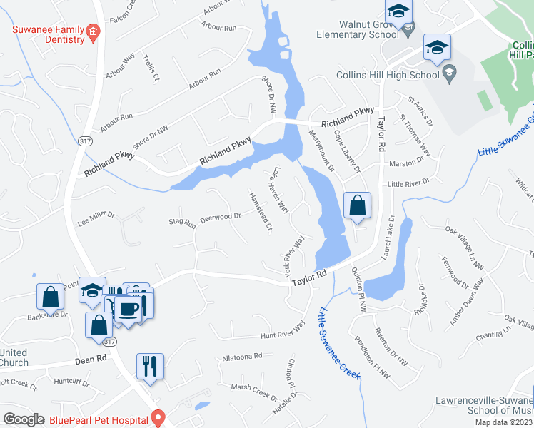map of restaurants, bars, coffee shops, grocery stores, and more near 2151 Hamstead Court in Suwanee