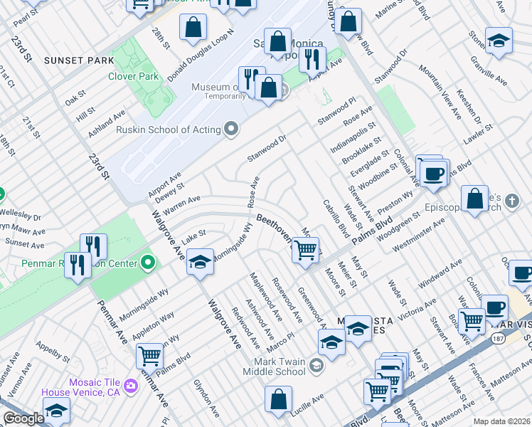 map of restaurants, bars, coffee shops, grocery stores, and more near 3324 Beethoven Street in Los Angeles