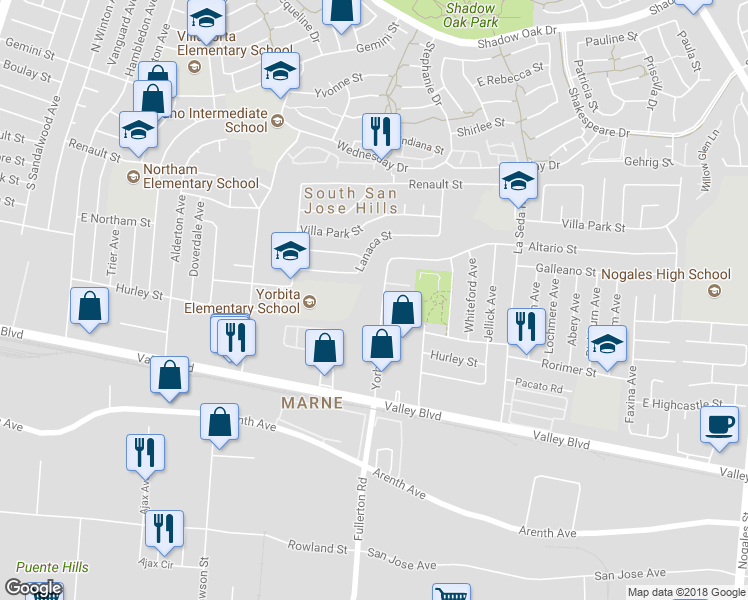 map of restaurants, bars, coffee shops, grocery stores, and more near 471 Yorbita Road in La Puente