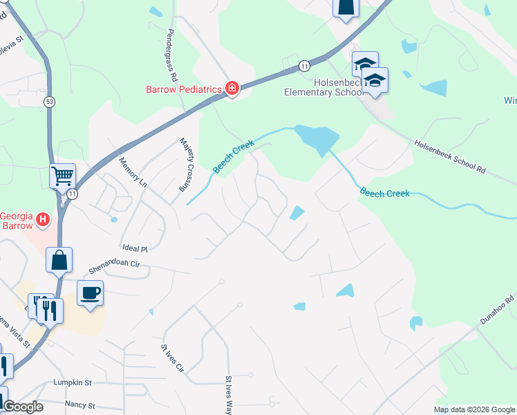 map of restaurants, bars, coffee shops, grocery stores, and more near 558 Calgary Downs Drive in Winder