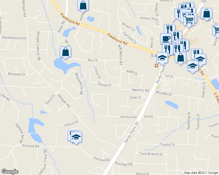 map of restaurants, bars, coffee shops, grocery stores, and more near 1644 Sonya Drive in Marietta