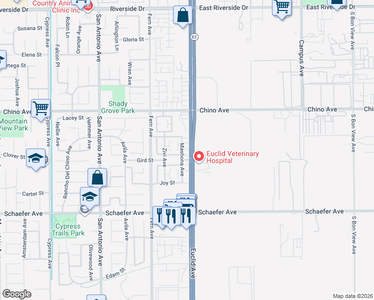 map of restaurants, bars, coffee shops, grocery stores, and more near 13441 Mashona Avenue in Chino