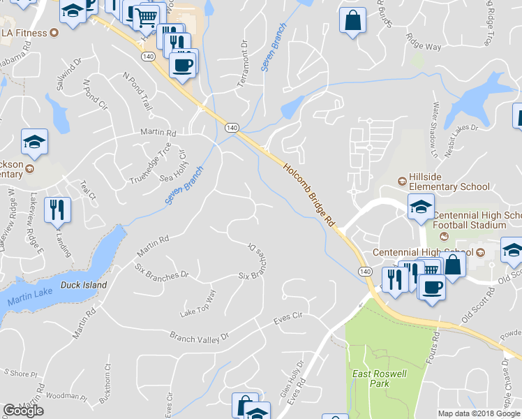 map of restaurants, bars, coffee shops, grocery stores, and more near 1935 6 Branches Lane in Roswell