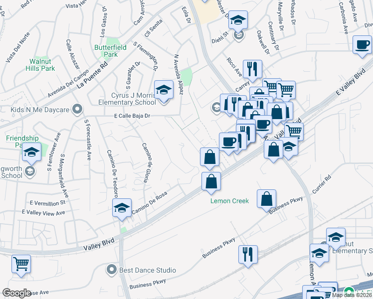 map of restaurants, bars, coffee shops, grocery stores, and more near 468 Avenida Esplendor in Walnut