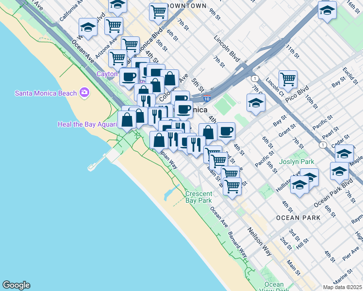 map of restaurants, bars, coffee shops, grocery stores, and more near 1711 Ocean Avenue in Santa Monica