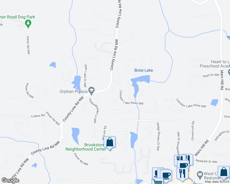 map of restaurants, bars, coffee shops, grocery stores, and more near 2048 McLain Road in Acworth