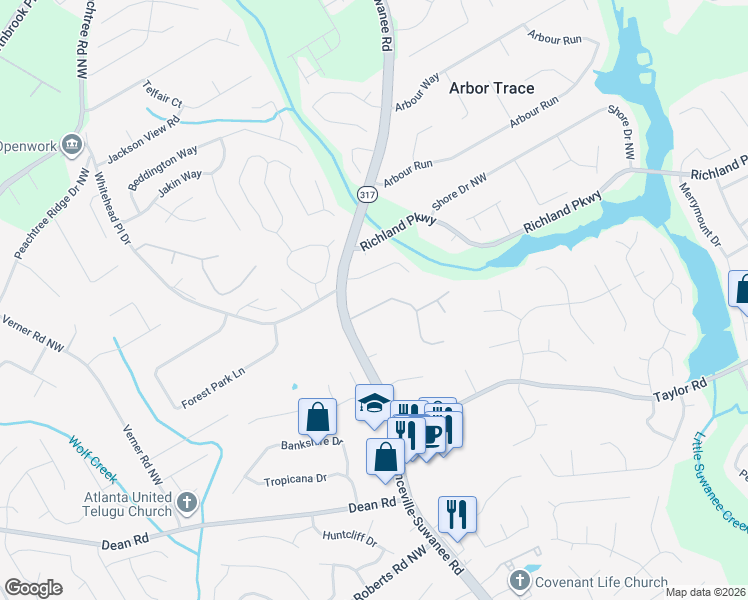 map of restaurants, bars, coffee shops, grocery stores, and more near 497 Lee Miller Drive in Suwanee