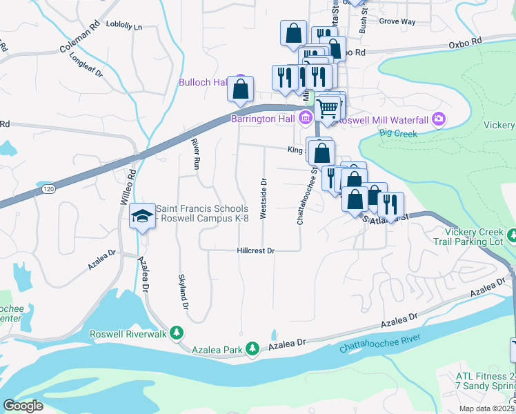 map of restaurants, bars, coffee shops, grocery stores, and more near 407 Westside Drive in Roswell