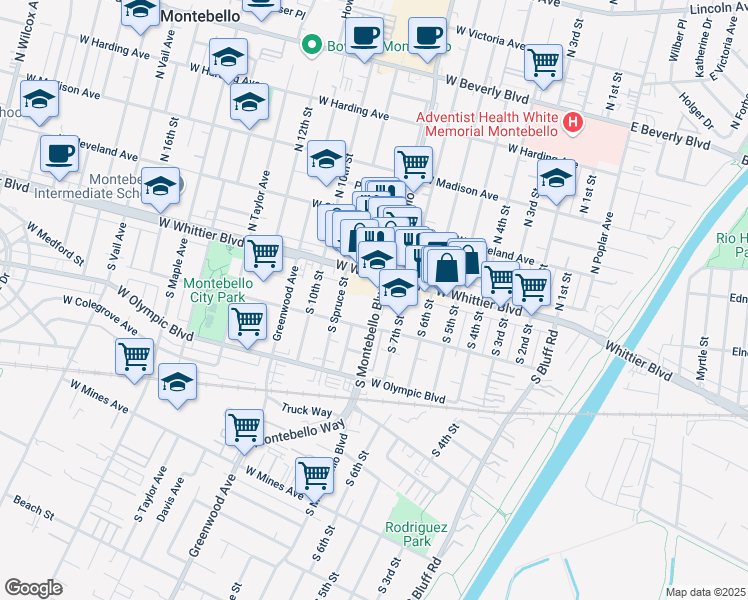 map of restaurants, bars, coffee shops, grocery stores, and more near 125 South Montebello Boulevard in Montebello