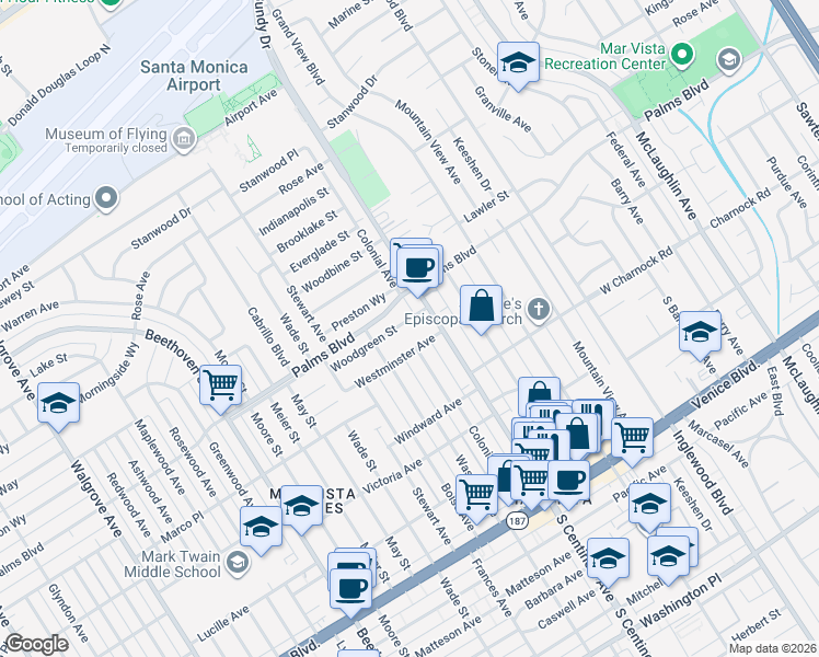 map of restaurants, bars, coffee shops, grocery stores, and more near 12438 Woodgreen Street in Los Angeles