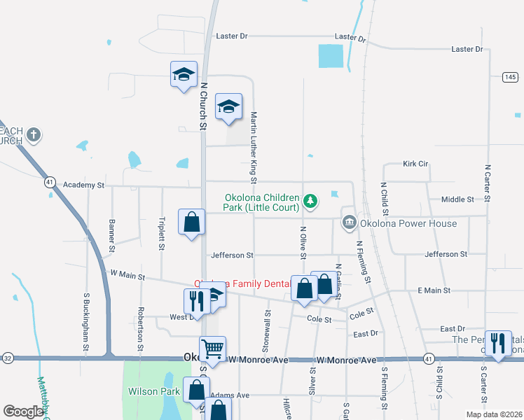 map of restaurants, bars, coffee shops, grocery stores, and more near 300-398 Martin Luther King Street in Okolona
