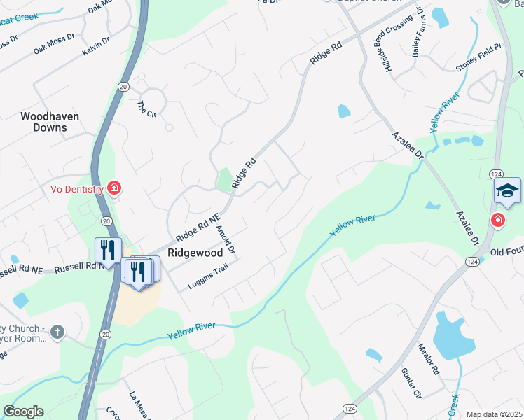map of restaurants, bars, coffee shops, grocery stores, and more near 912 Park Hollow Way Northeast in Lawrenceville