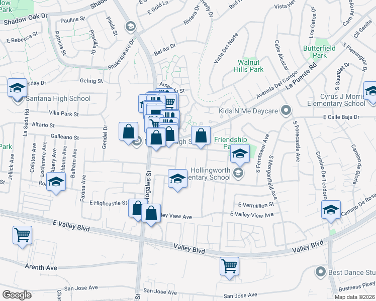map of restaurants, bars, coffee shops, grocery stores, and more near 19128 East Elberland Street in West Covina