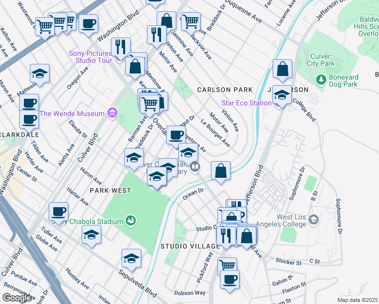 map of restaurants, bars, coffee shops, grocery stores, and more near 4550 Overland Avenue in Culver City
