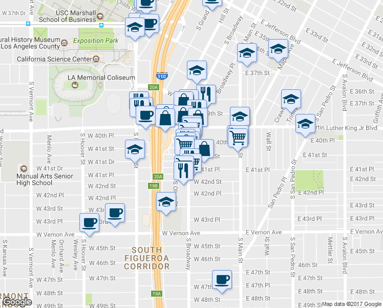 map of restaurants, bars, coffee shops, grocery stores, and more near 4088 South Broadway in Los Angeles