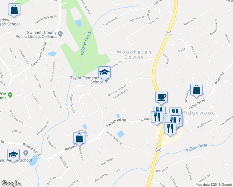 map of restaurants, bars, coffee shops, grocery stores, and more near 432 Leggett Oaks Lane in Lawrenceville