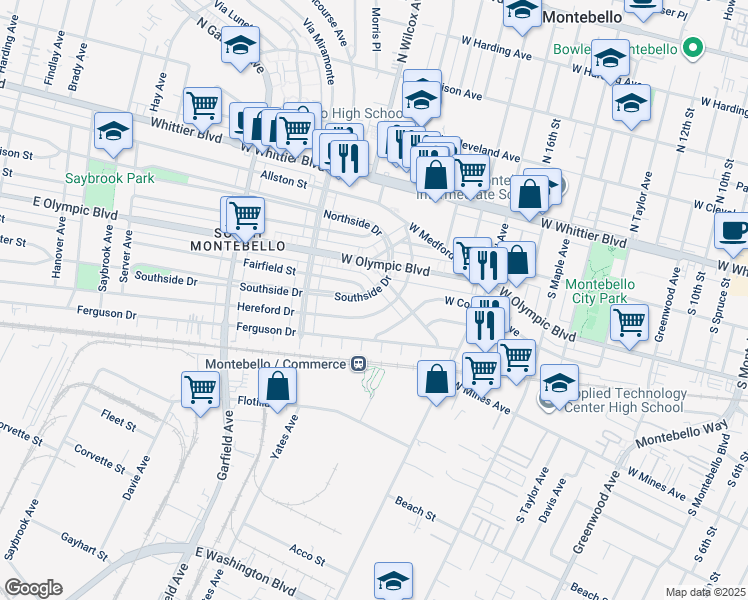 map of restaurants, bars, coffee shops, grocery stores, and more near 2017 Southside Drive in Montebello
