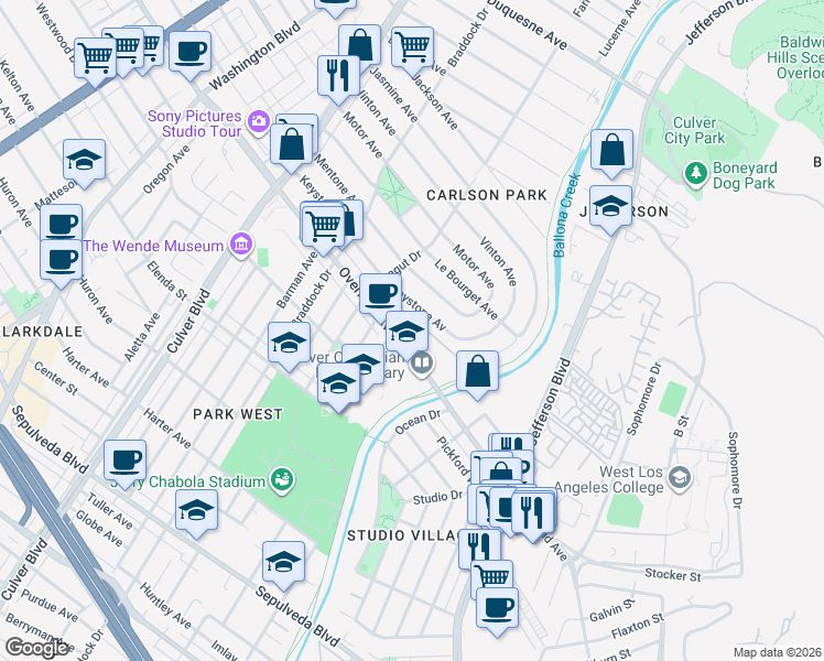 map of restaurants, bars, coffee shops, grocery stores, and more near 4550 Overland Avenue in Culver City