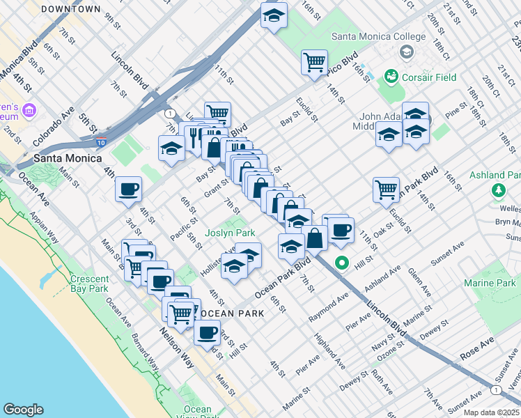 map of restaurants, bars, coffee shops, grocery stores, and more near 2311 Pacific Coast Highway in Santa Monica