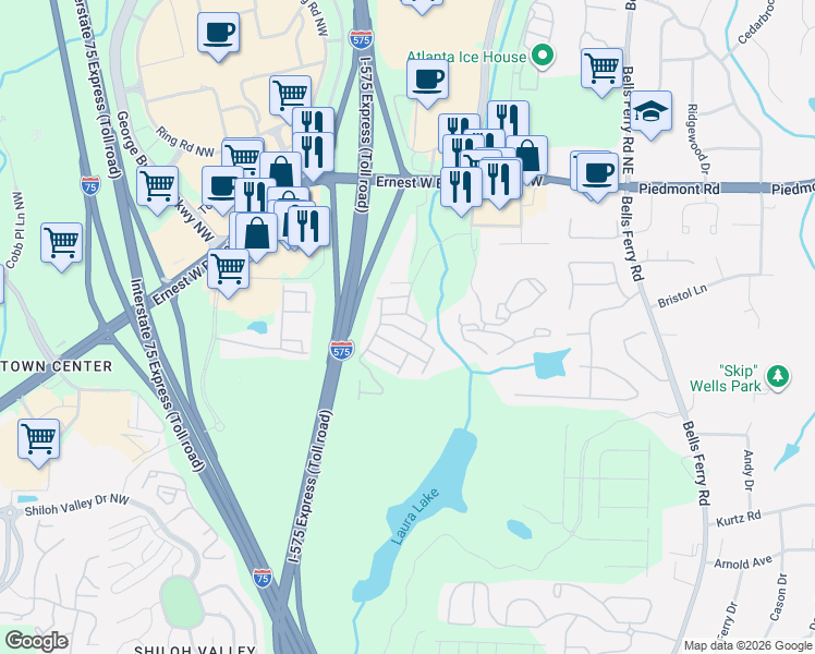 map of restaurants, bars, coffee shops, grocery stores, and more near 130 Flatwood Trail in Marietta