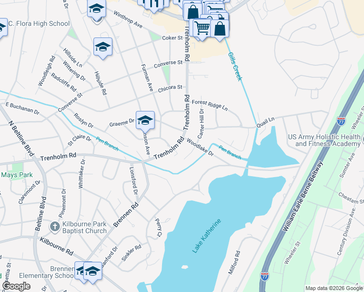 map of restaurants, bars, coffee shops, grocery stores, and more near 4614 Trenholm Road in Columbia