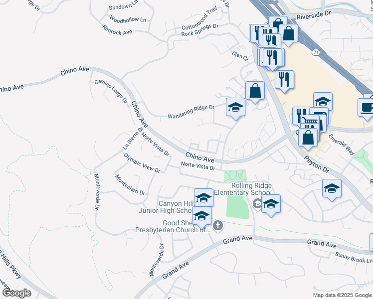 map of restaurants, bars, coffee shops, grocery stores, and more near 2467 Maroon Bell Road in Chino Hills