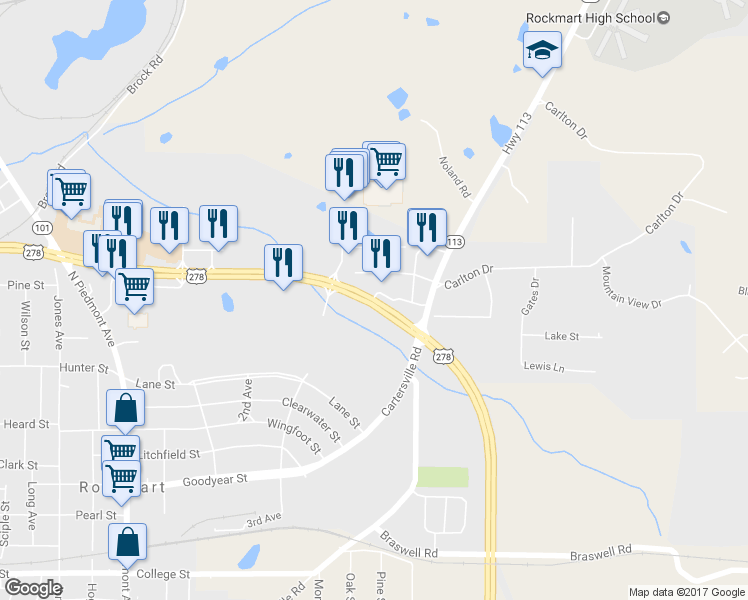 map of restaurants, bars, coffee shops, grocery stores, and more near 2979 Nathan Dean Parkway in Rockmart