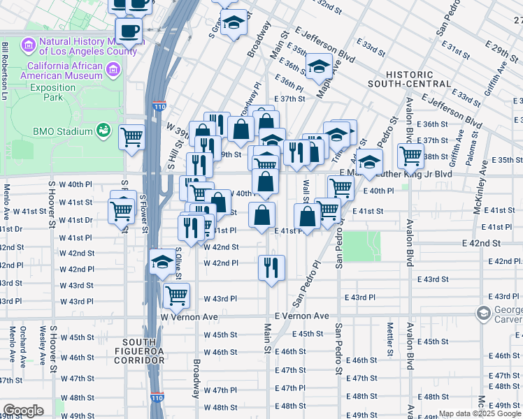 map of restaurants, bars, coffee shops, grocery stores, and more near 137 West 41st Street in Los Angeles