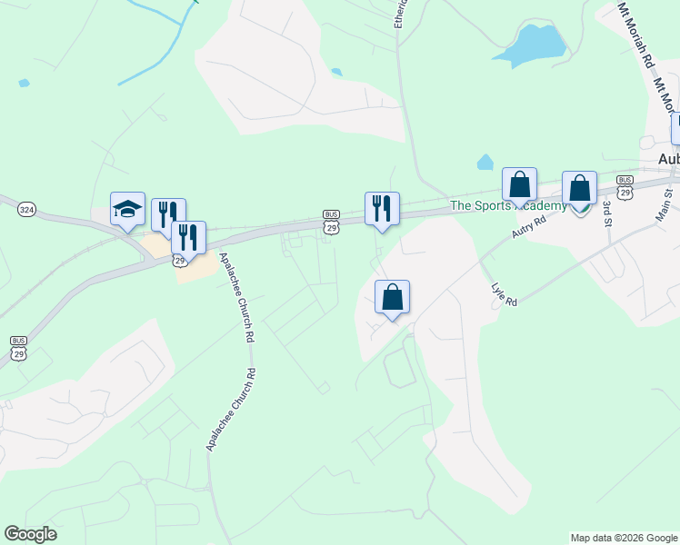 map of restaurants, bars, coffee shops, grocery stores, and more near 1585 Auburn Park Court in Auburn